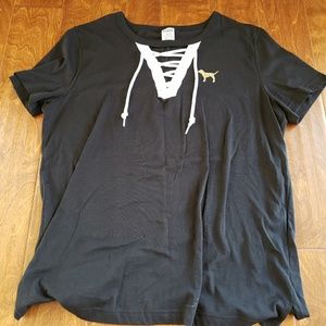 Victoria's Secret Pink Lace Up front Black Logo Te